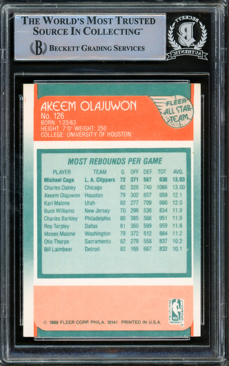 Hakeem Olajuwon Autographed 1988-89 Fleer Card #126 Houston Rockets Beckett BAS #15781116