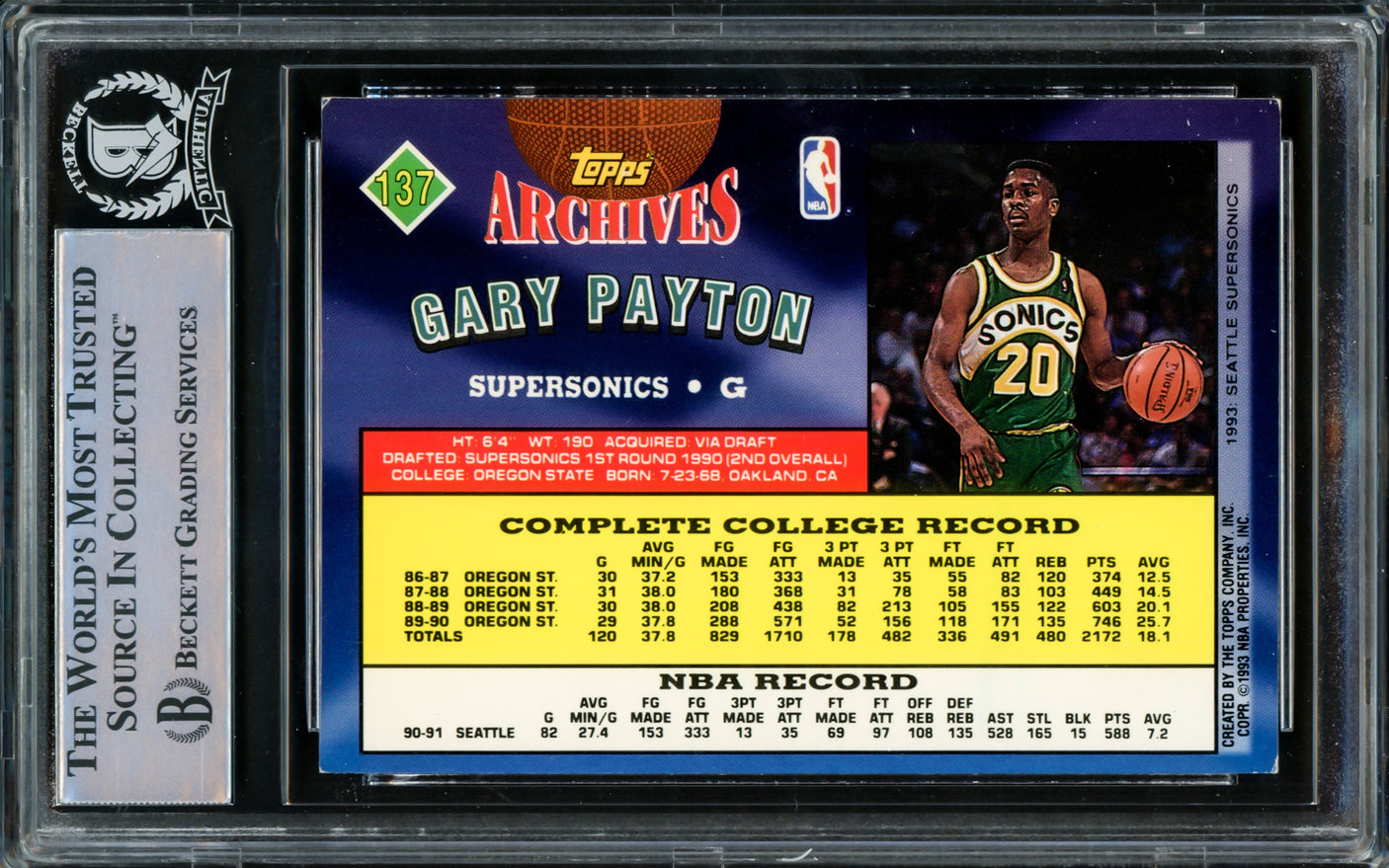 Gary Payton Autographed 1991-92 Topps Archives Card #137 Seattle Supersonics (Light) Beckett BAS #15781120