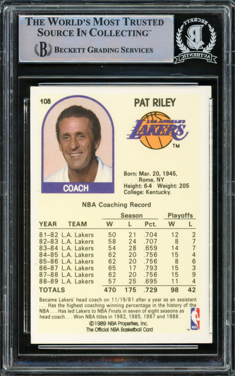 Pat Riley Autographed 1989-90 Hoops Card #108 Los Angeles Lakers Beckett BAS #15781129