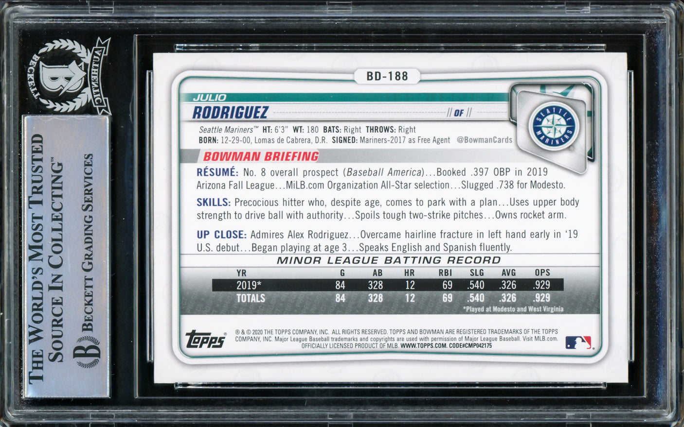 Julio Rodriguez Autographed 2020 Bowman Draft Rookie Card #BD188 Seattle Mariners Beckett BAS #15781204