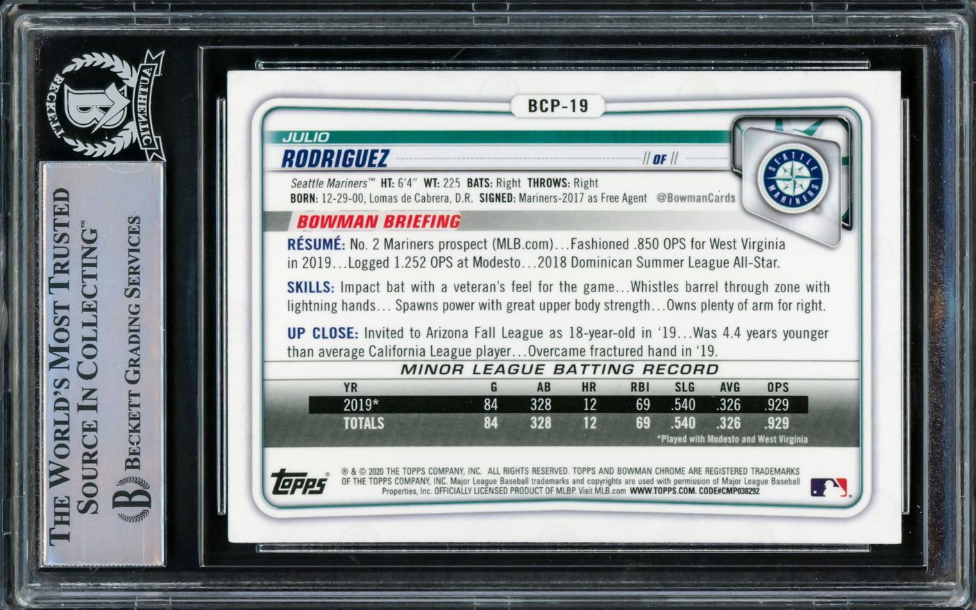 Julio Rodriguez Autographed 2020 Bowman Chrome Rookie Card #BCP19 Seattle Mariners Beckett BAS #15781206