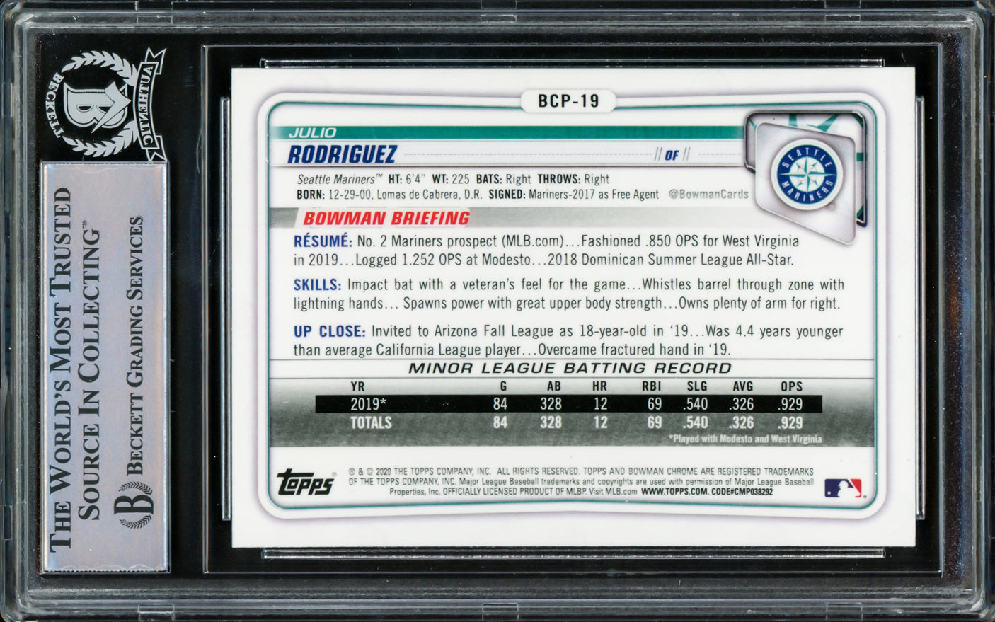 Julio Rodriguez Autographed 2020 Bowman Chrome Rookie Card #BCP19 Seattle Mariners Beckett BAS #15781209