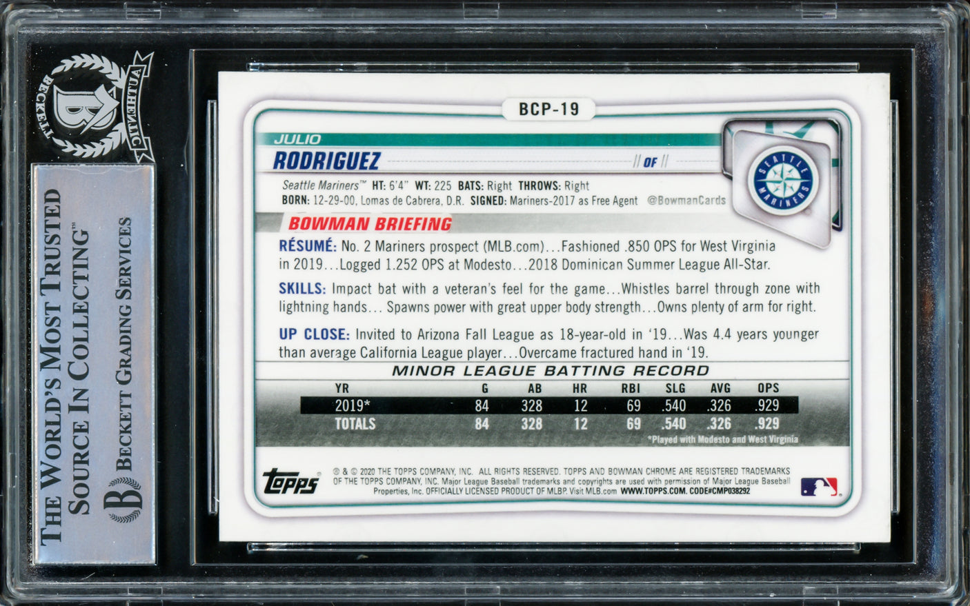 Julio Rodriguez Autographed 2020 Bowman Chrome Rookie Card #BCP19 Seattle Mariners Beckett BAS #15781213