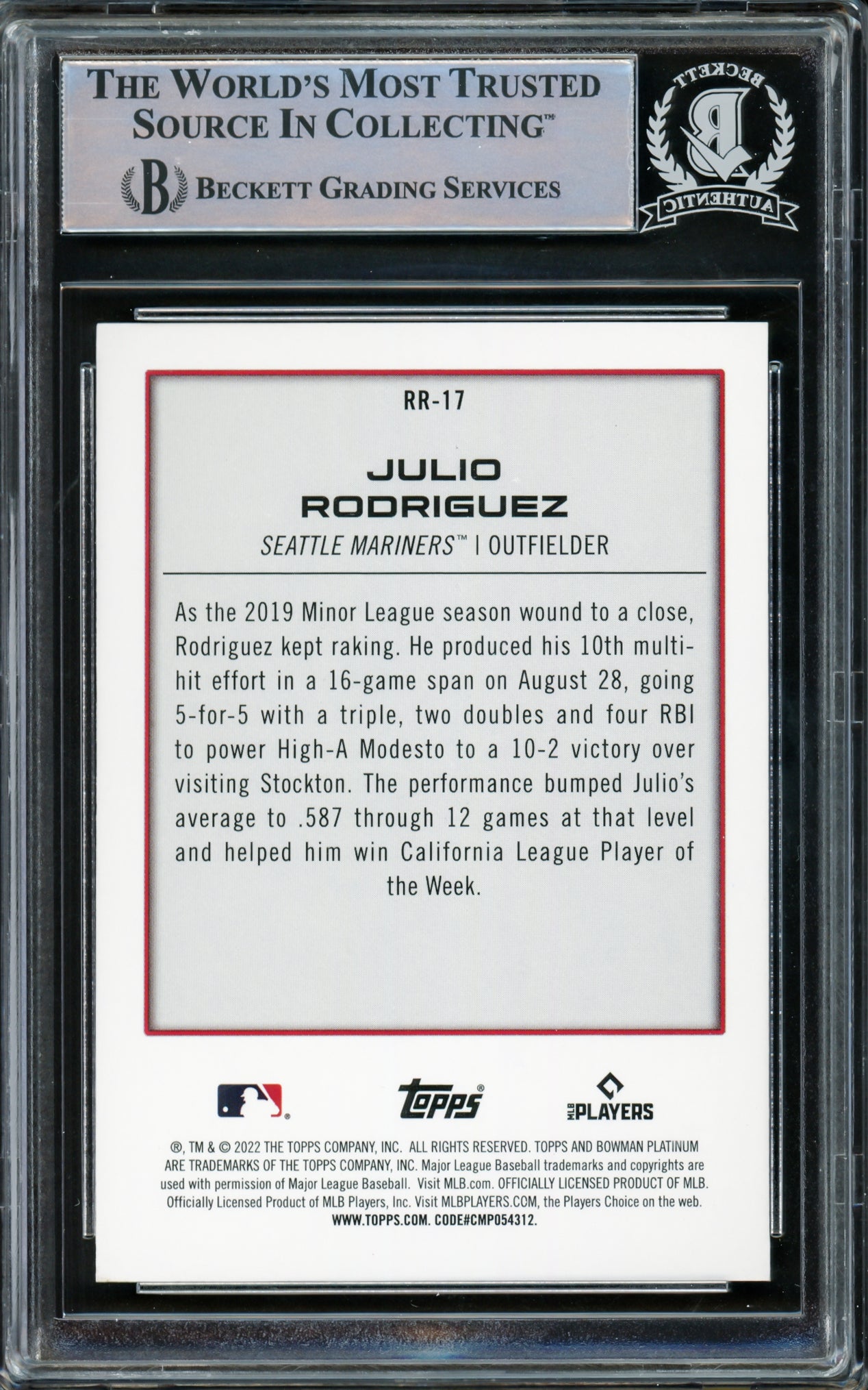 Julio Rodriguez Autographed 2022 Bowman Platinum Renowned Rookies Rookie Card #RR17 Seattle Mariners Beckett BAS #15781431