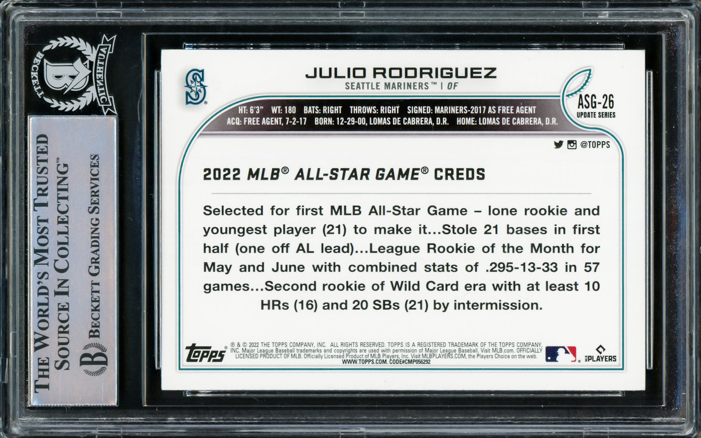 Julio Rodriguez Autographed 2022 Topps Update All Star Game Rookie Card #ASG-26 Seattle Mariners Beckett BAS #15781441