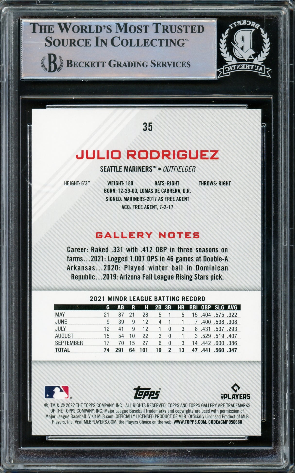 Julio Rodriguez Autographed 2022 Topps Gallery Rookie Card #35 Seattle Mariners Beckett BAS #15781462