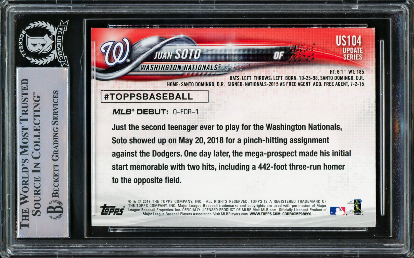 Juan Soto Autographed 2018 Topps Update Rookie Card #US104 New York Yankees Beckett BAS #15781563
