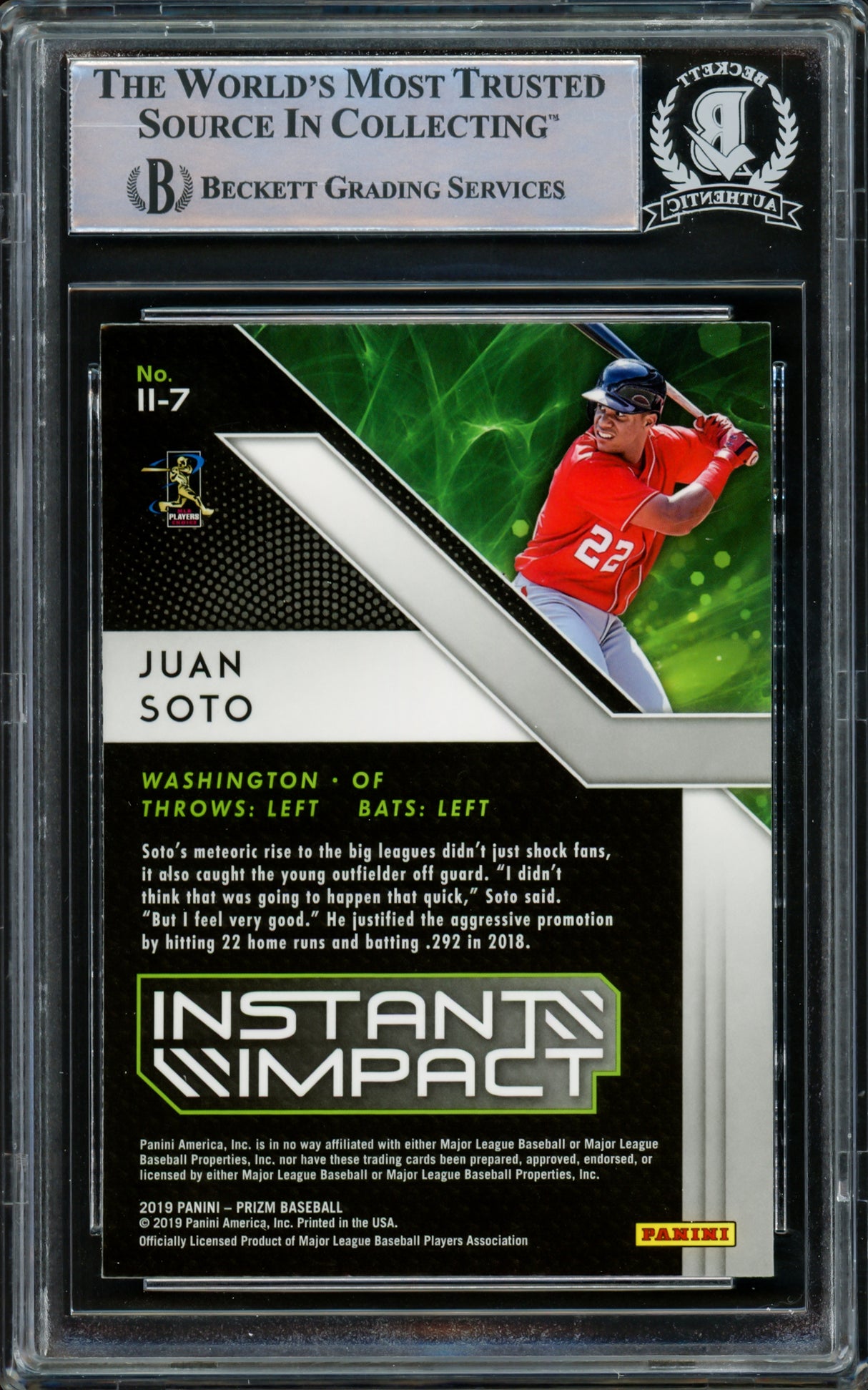Juan Soto Autographed 2019 Panini Prizm Instant Impact Card #II-7 New York Yankees Beckett BAS #15781569
