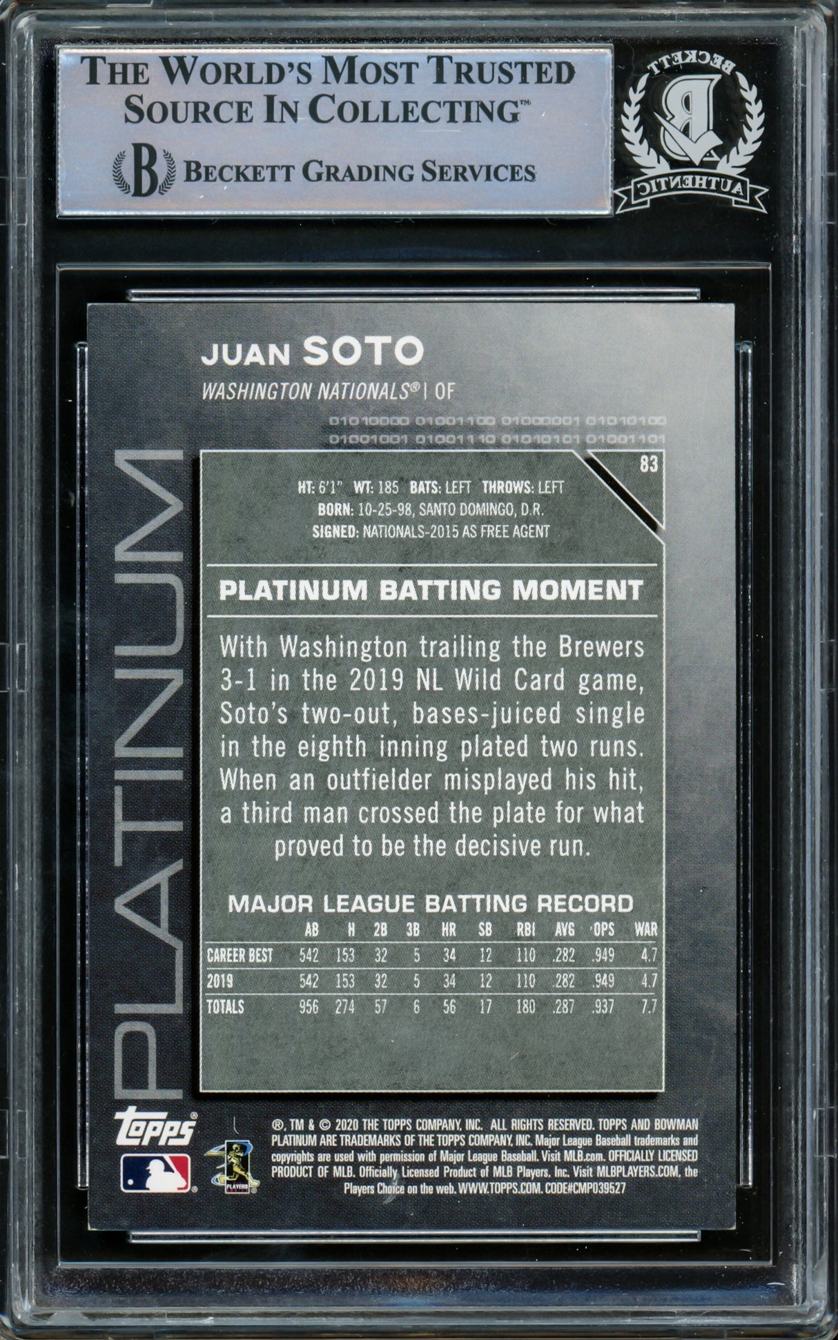 Juan Soto Autographed 2020 Bowman Platinum Card #83 New York Yankees Beckett BAS #15781577