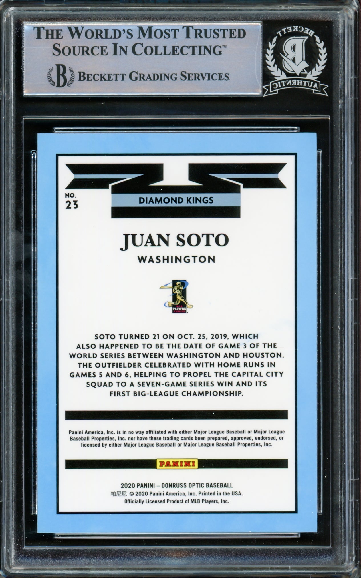 Juan Soto Autographed 2020 Donruss Optic Diamond Kings Card #23 New York Yankees Beckett BAS #15781584