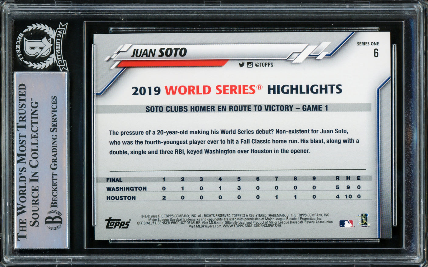 Juan Soto Autographed 2020 Topps World Series Card #6 New York Yankees Beckett BAS #15781703