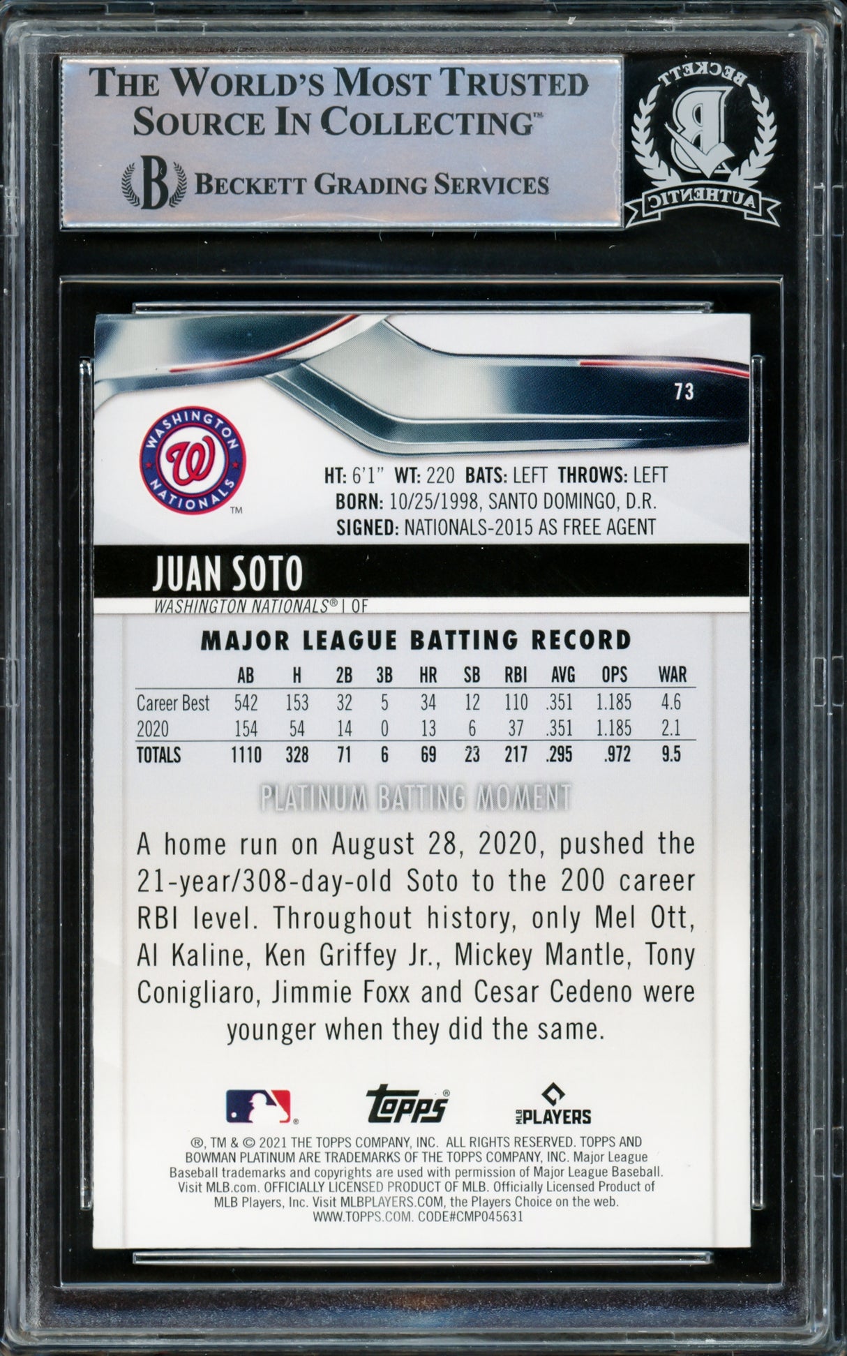 Juan Soto Autographed 2021 Bowman Platinum Card #73 New York Yankees Beckett BAS #15781712