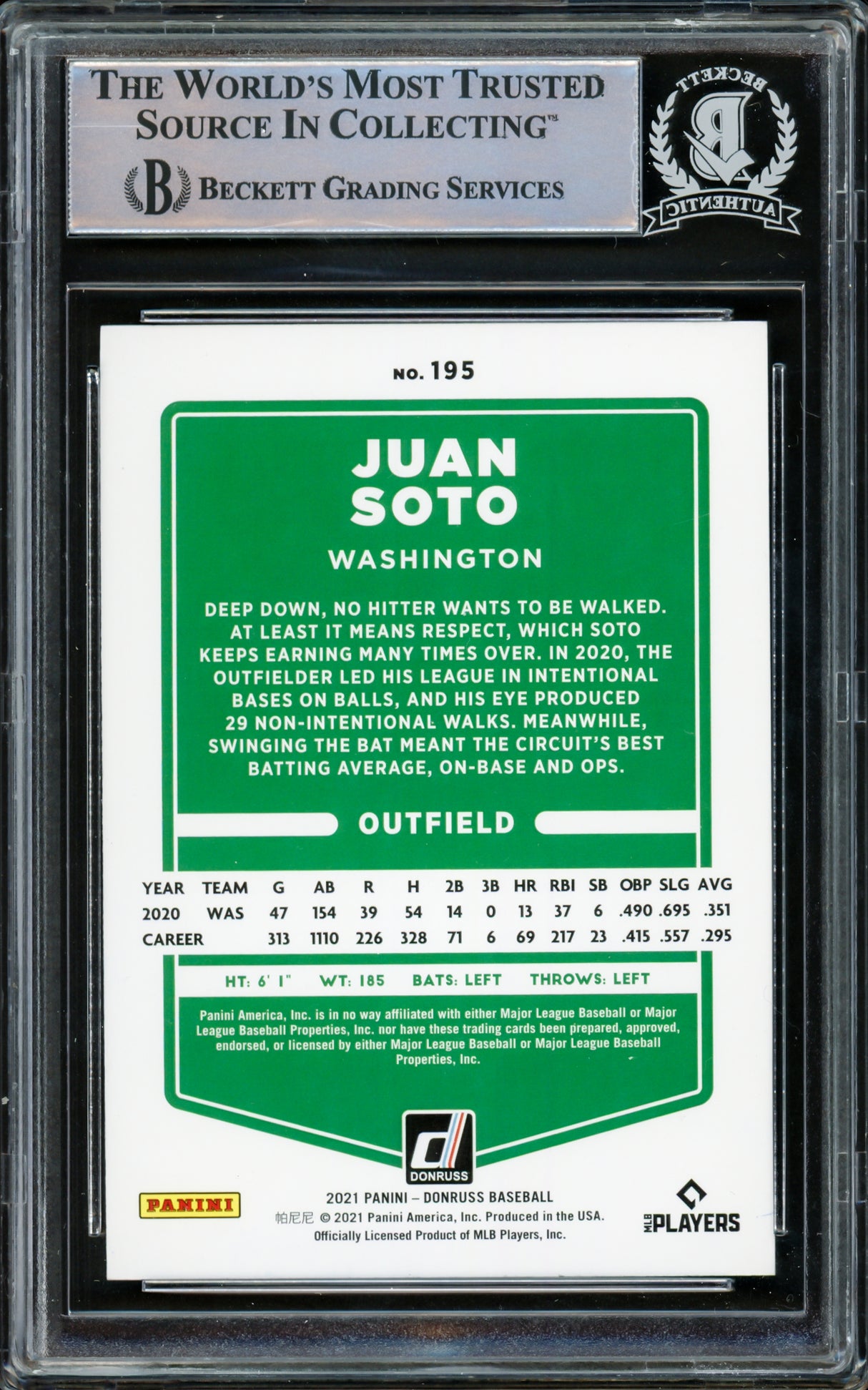 Juan Soto Autographed 2021 Donruss Card #195 New York Yankees Beckett BAS #15781715