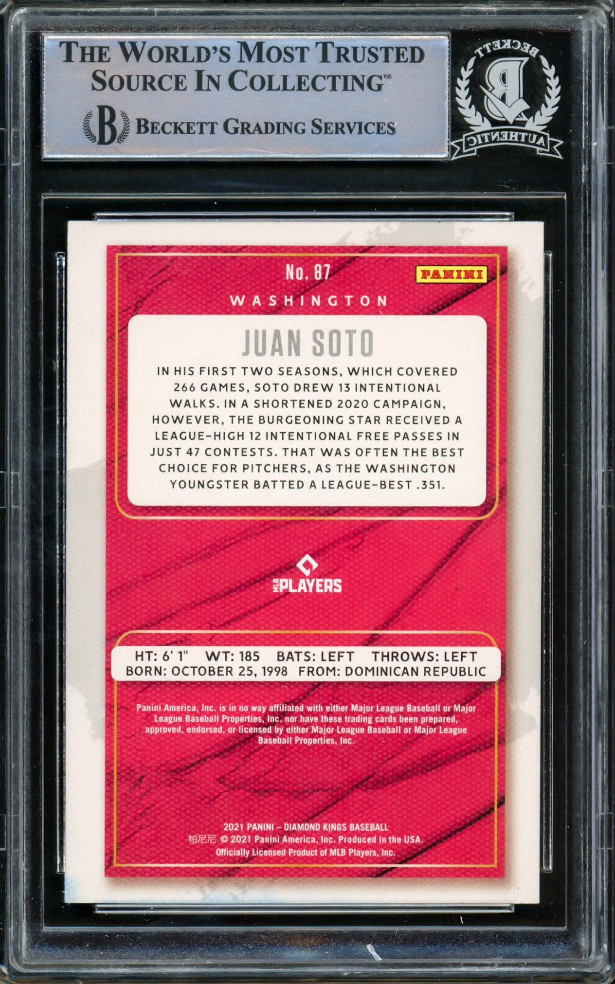 Juan Soto Autographed 2021 Donruss Diamond Kings Card #87 New York Yankees Beckett BAS #15781717