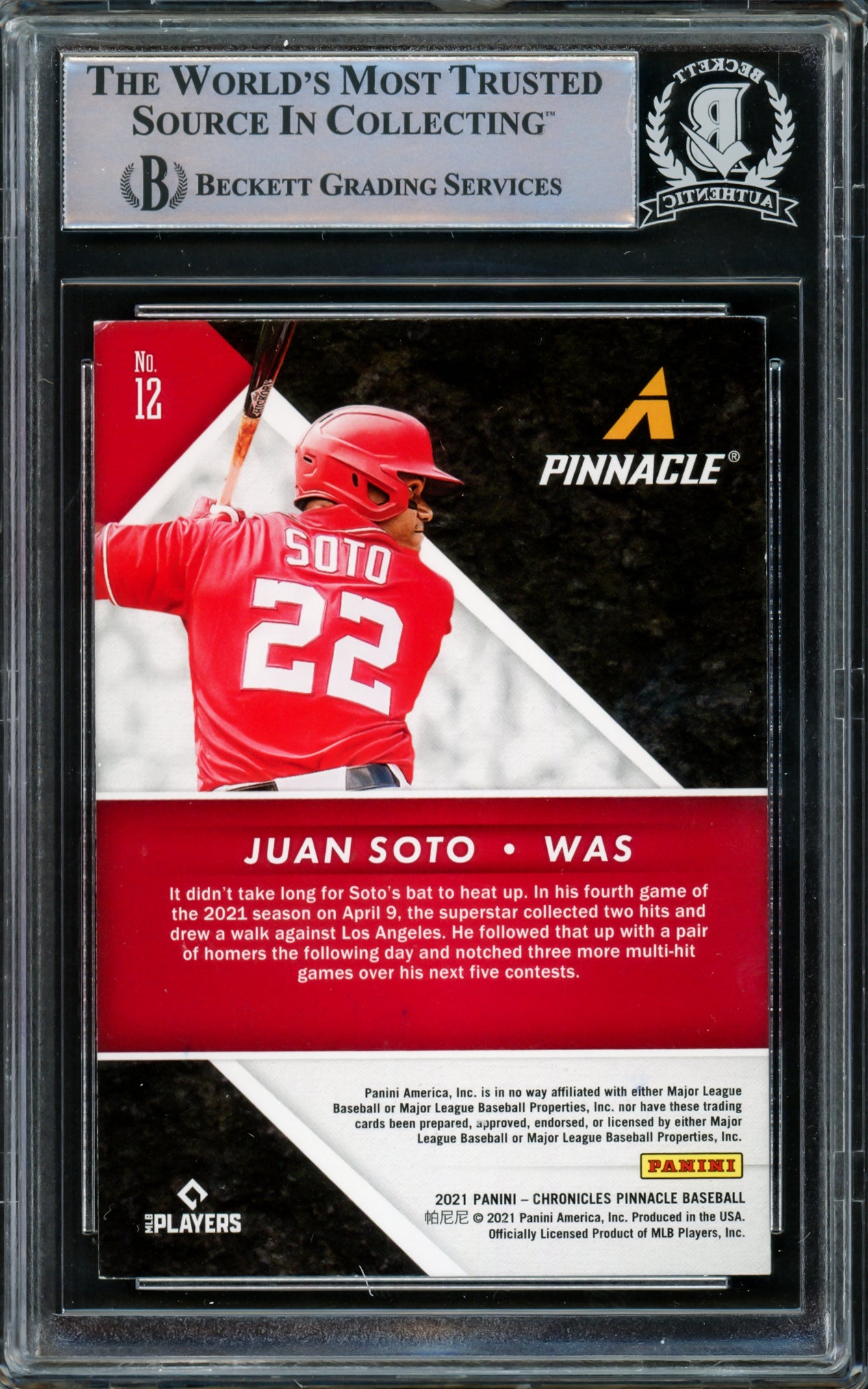 Juan Soto Autographed 2021 Panini Chronicles Pinnacle Card #12 New York Yankees Beckett BAS #15781718