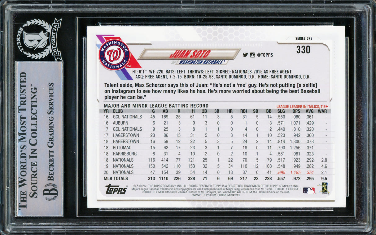 Juan Soto Autographed 2021 Topps Card #330 New York Yankees Beckett BAS #15781723