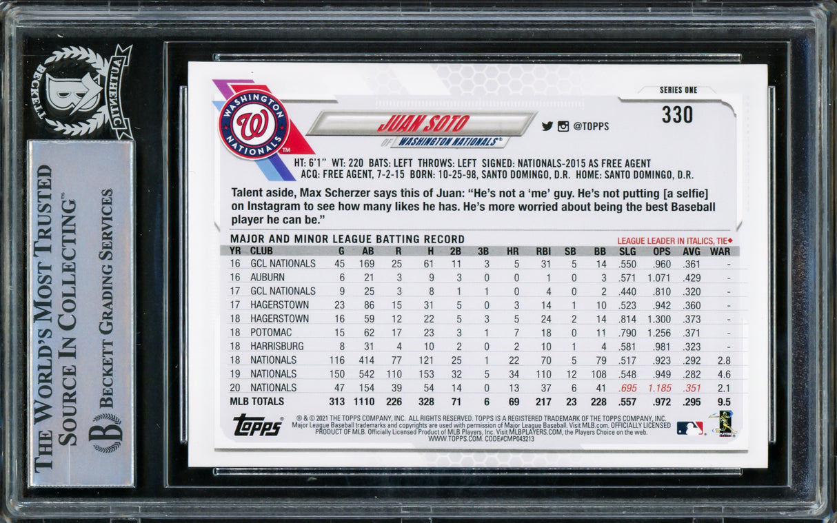 Juan Soto Autographed 2021 Topps Card #330 New York Yankees Beckett BAS #15781722