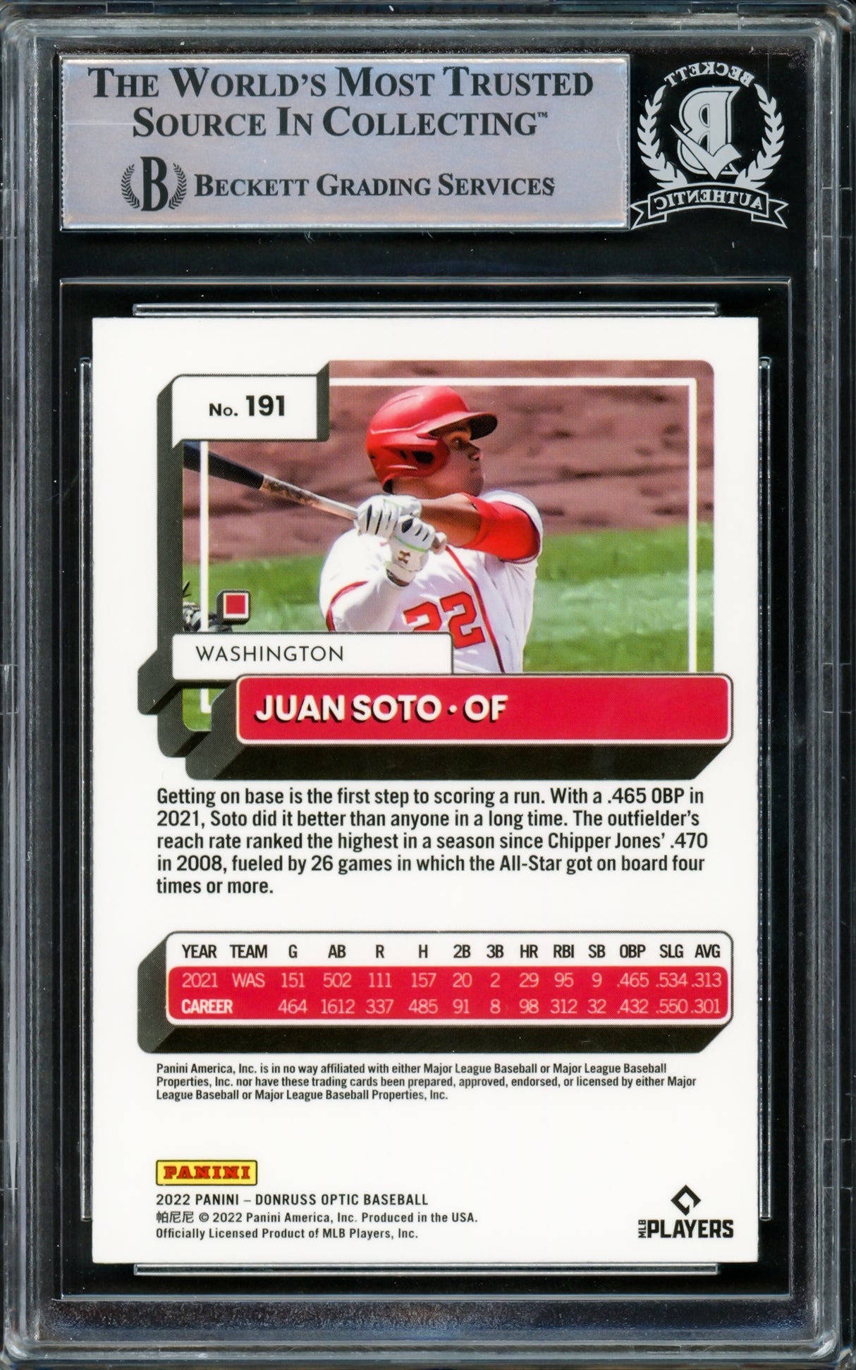 Juan Soto Autographed 2021 Donruss Optic Card #191 New York Yankees Beckett BAS #15781734