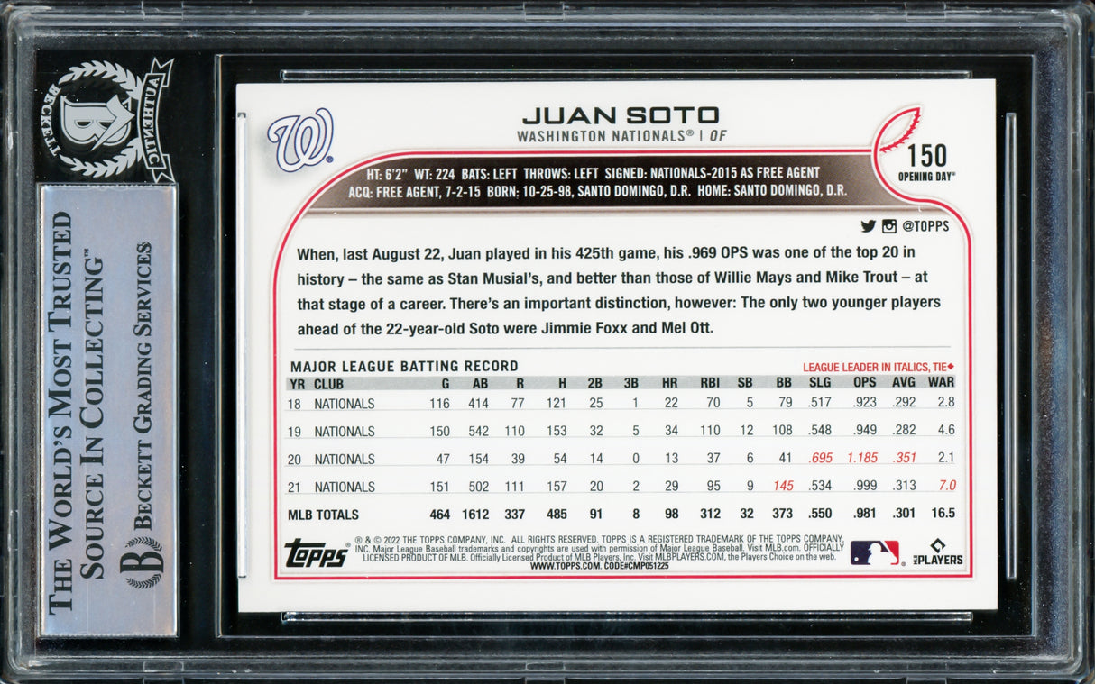 Juan Soto Autographed 2022 Topps Opening Day Card #150 New York Yankees Beckett BAS #15781737
