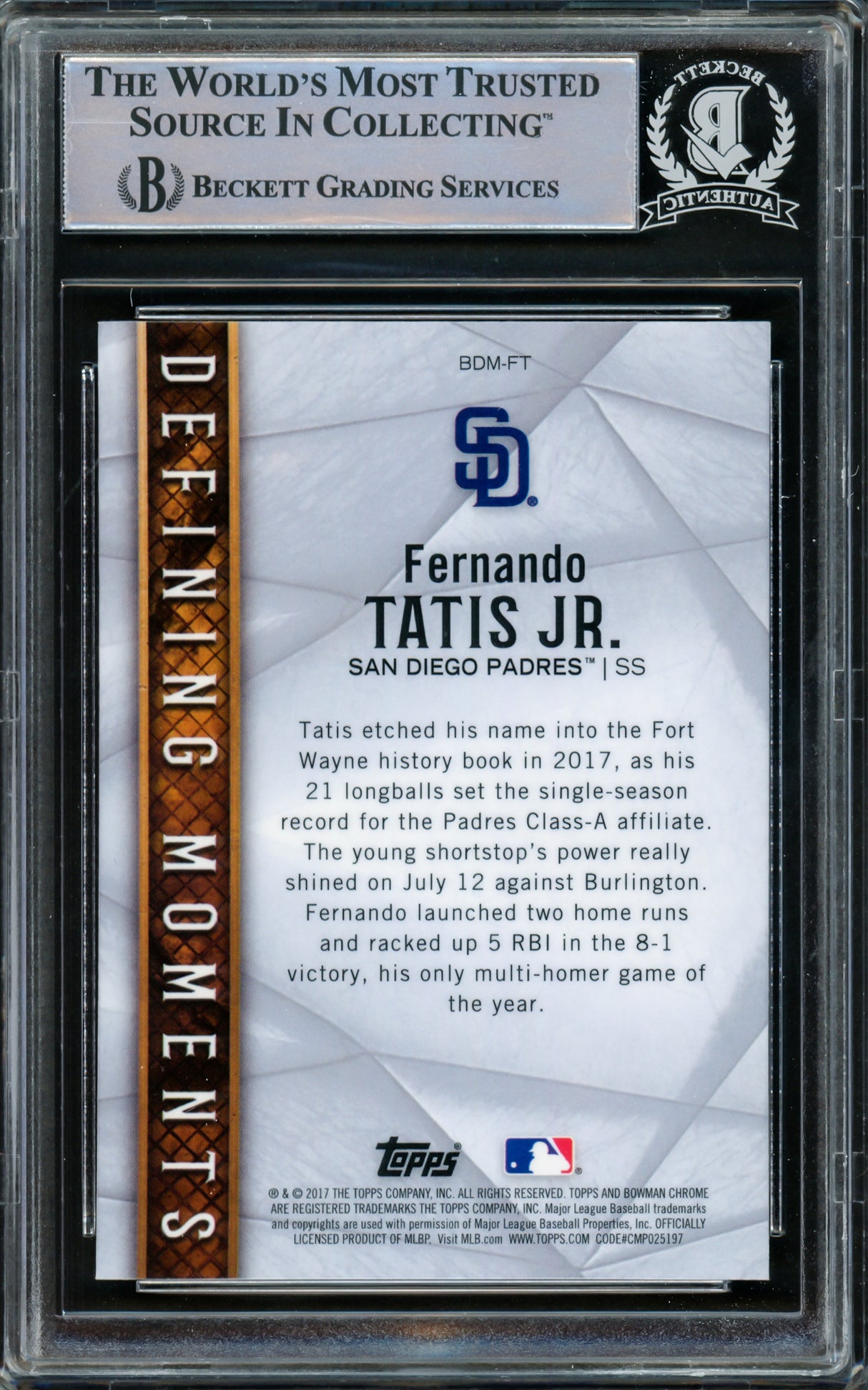 Fernando Tatis Jr. Autographed 2017 Bowman Chrome Draft Defining Moments Rookie Card #BDMFT San Diego Padres Beckett BAS #15781962