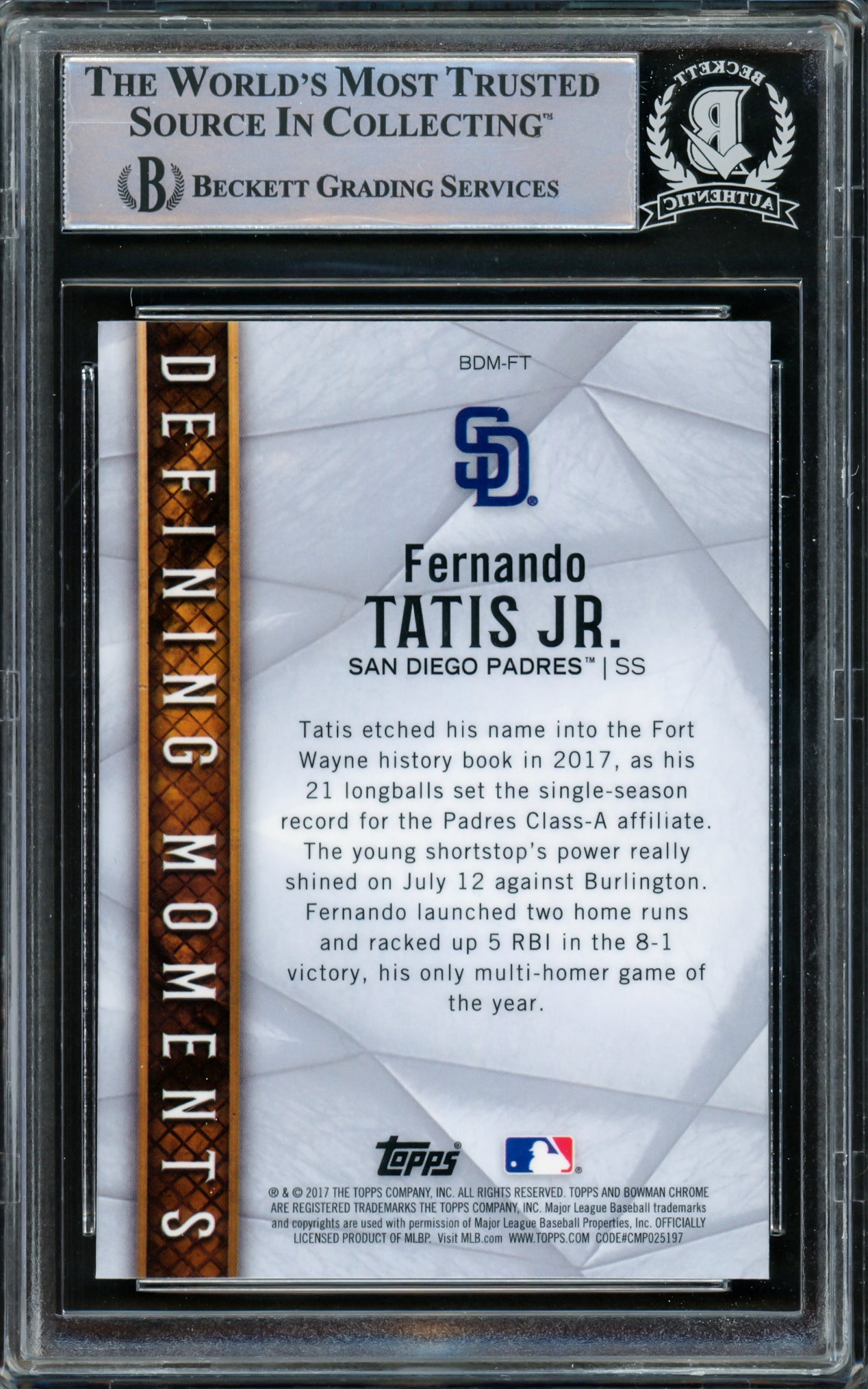 Fernando Tatis Jr. Autographed 2017 Bowman Chrome Draft Defining Moments Rookie Card #BDMFT San Diego Padres Beckett BAS #15781962
