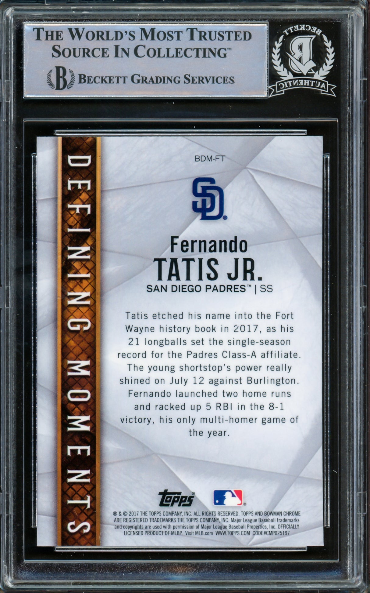 Fernando Tatis Jr. Autographed 2017 Bowman Chrome Draft Defining Moments Rookie Card #BDMFT San Diego Padres Beckett BAS #15781963