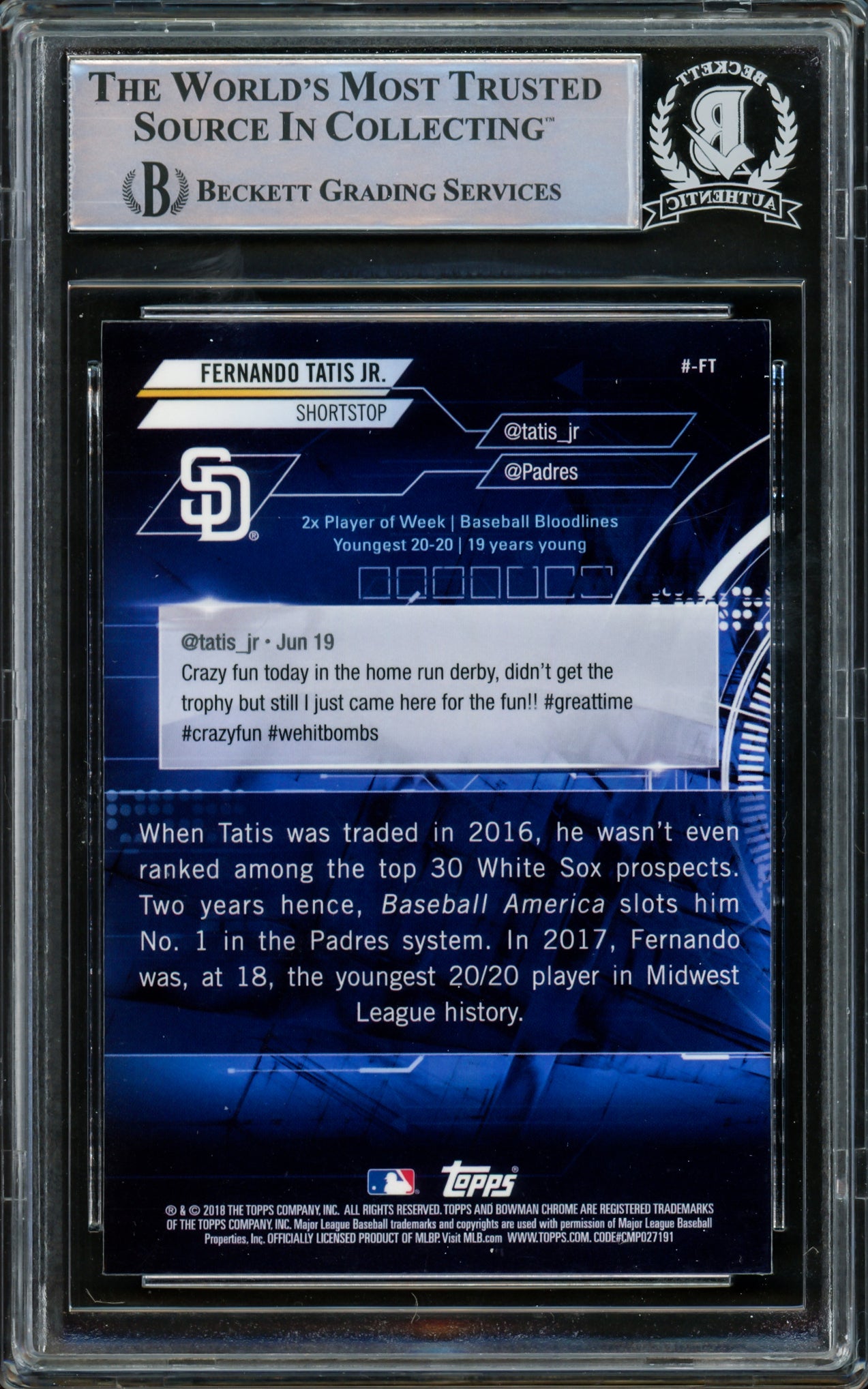 Fernando Tatis Jr. Autographed 2018 Bowman Chrome Trending Rookie Card #-FT San Diego Padres Beckett BAS #15781974
