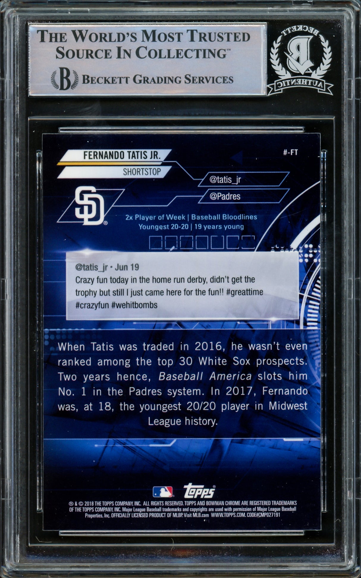 Fernando Tatis Jr. Autographed 2018 Bowman Chrome Trending Rookie Card #-FT San Diego Padres Beckett BAS #15781974