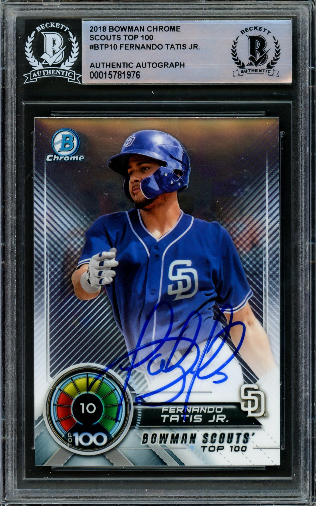 Fernando Tatis Jr. Autographed 2018 Bowman Chrome Top 100 Rookie Card #BTP10 San Diego Padres Beckett BAS #15781976