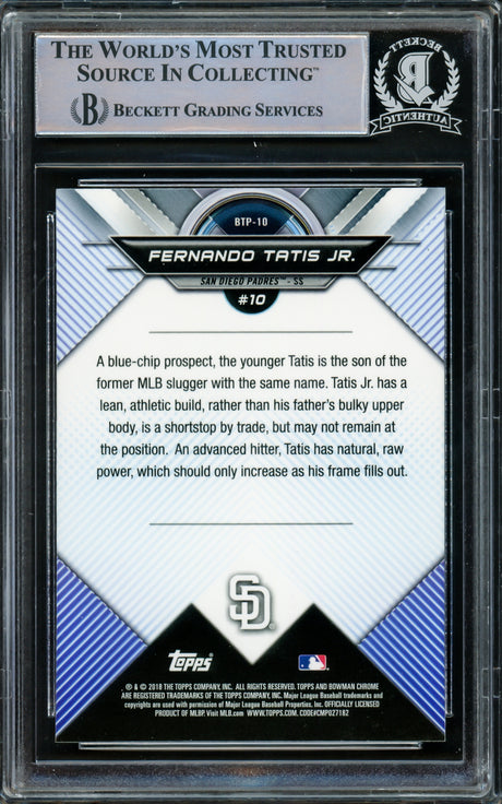 Fernando Tatis Jr. Autographed 2018 Bowman Chrome Top 100 Rookie Card #BTP10 San Diego Padres Beckett BAS #15781976