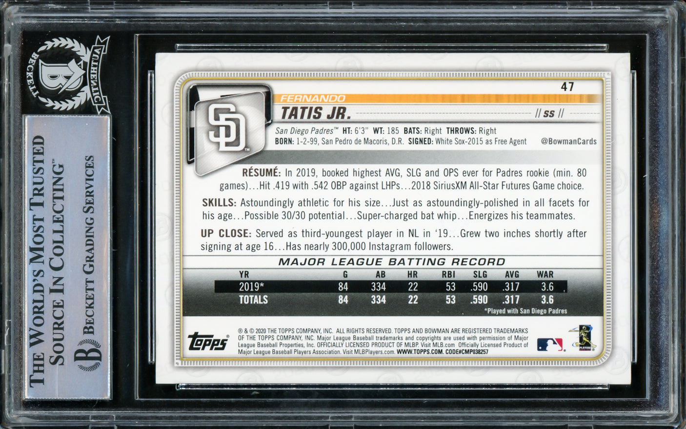 Fernando Tatis Jr. Autographed 2020 Bowman Card #47 San Diego Padres Beckett BAS #15782099