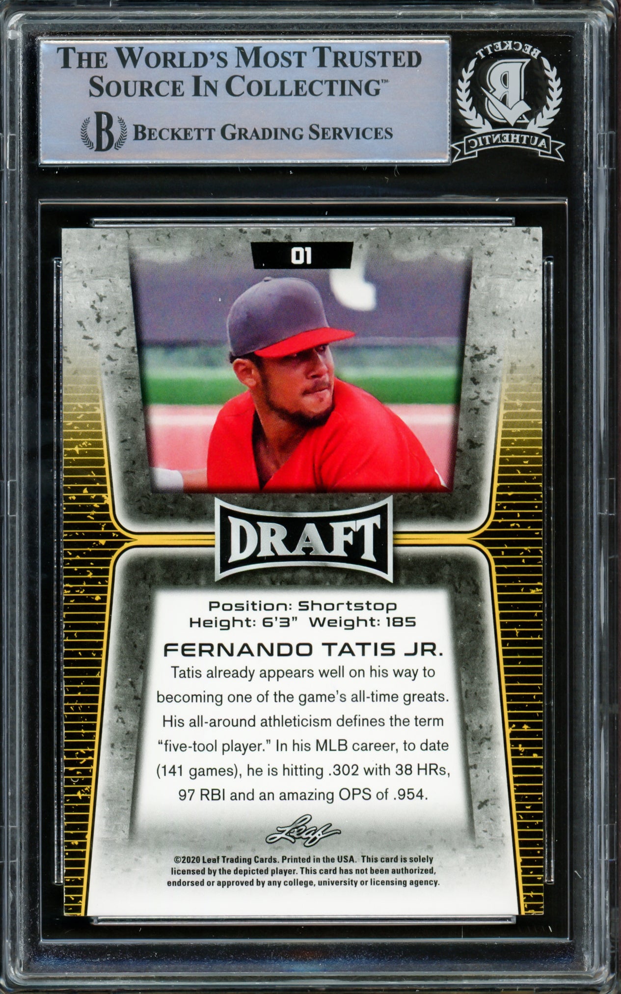 Fernando Tatis Jr. Autographed 2020 Leaf Draft Gold Card #1 San Diego Padres Beckett BAS #15782101