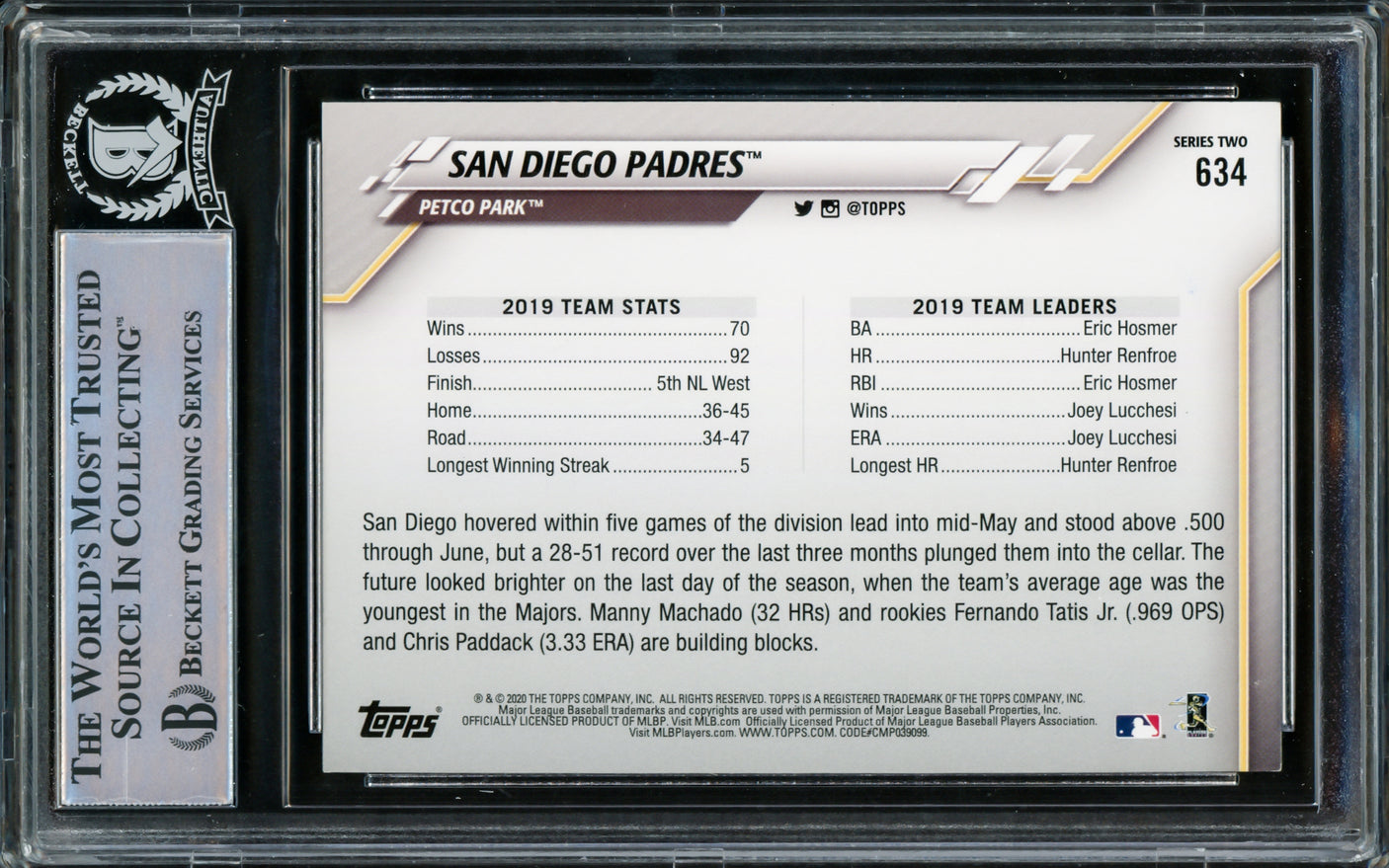 Fernando Tatis Jr. Autographed 2020 Topps Card #634 San Diego Padres Beckett BAS #15782114