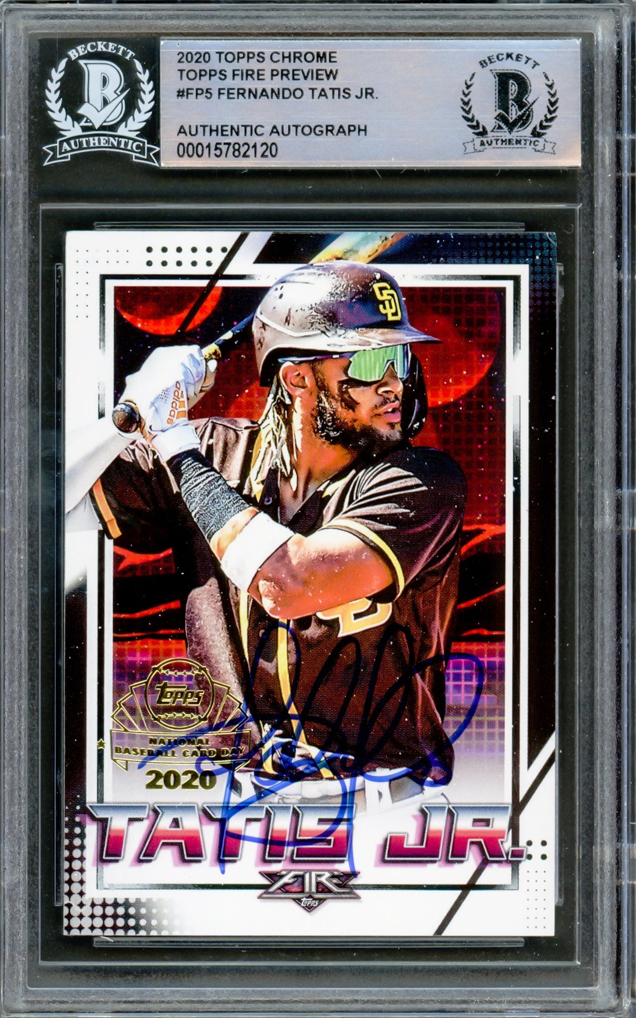 Fernando Tatis Jr. Autographed 2020 Topps Chrome Fire National Baseball Card Day Card #FP-5 San Diego Padres Beckett BAS #15782120