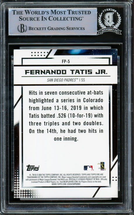 Fernando Tatis Jr. Autographed 2020 Topps Chrome Fire National Baseball Card Day Card #FP-5 San Diego Padres Beckett BAS #15782120