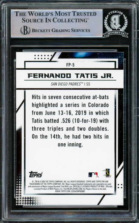 Fernando Tatis Jr. Autographed 2020 Topps Chrome Fire National Baseball Card Day Card #FP-5 San Diego Padres Beckett BAS #15782122