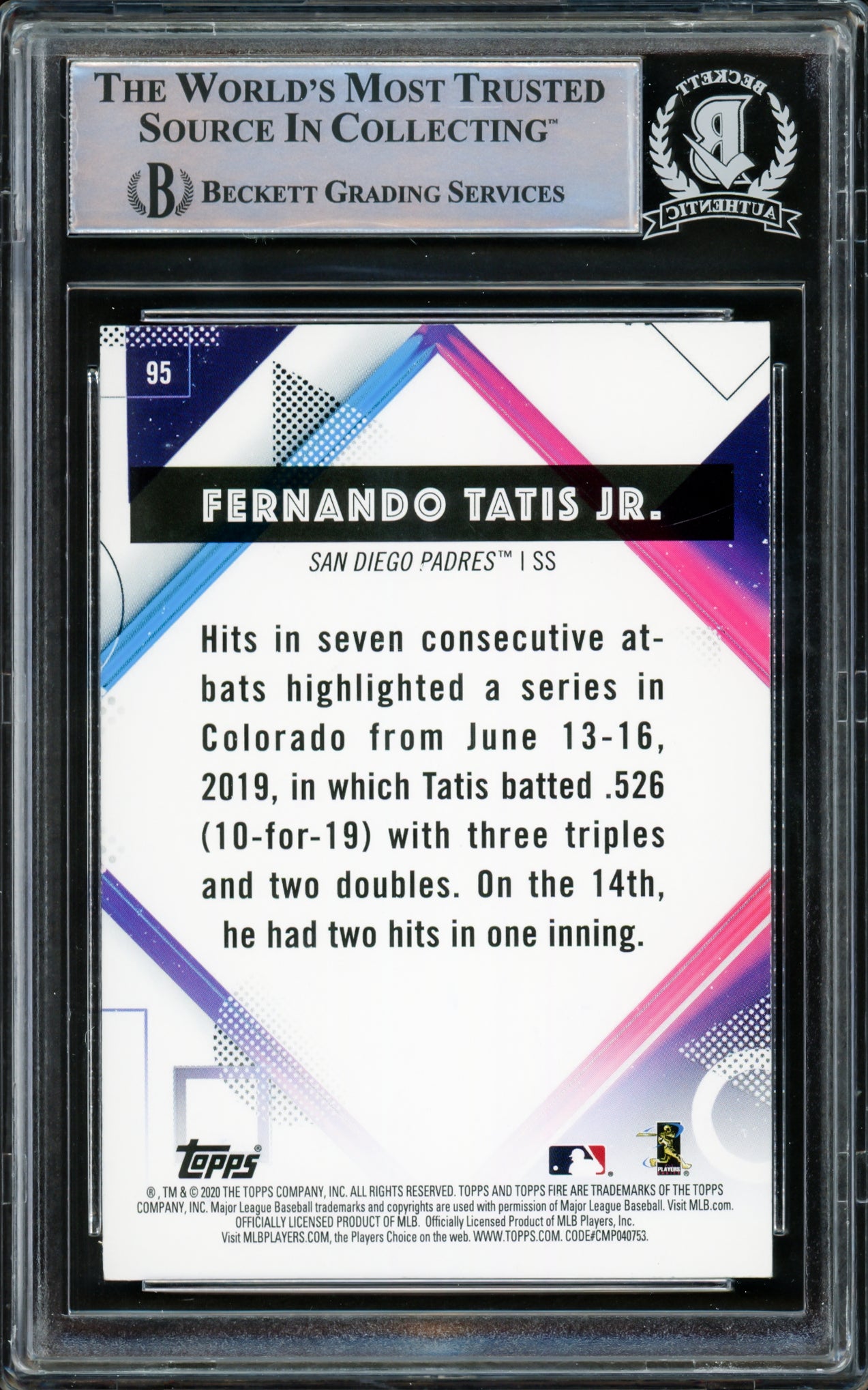 Fernando Tatis Jr. Autographed 2020 Topps Fire Card #95 San Diego Padres Beckett BAS #15782130