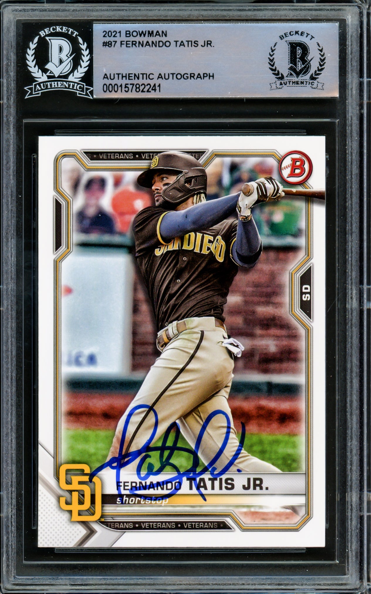 Fernando Tatis Jr. Autographed 2021 Bowman Card #87 San Diego Padres Beckett BAS #15782241
