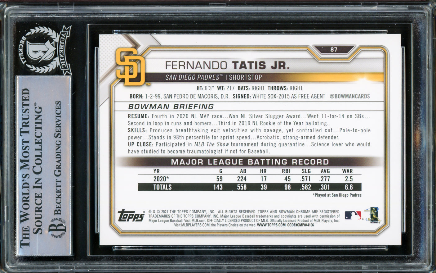 Fernando Tatis Jr. Autographed 2021 Bowman Card #87 San Diego Padres Beckett BAS #15782241