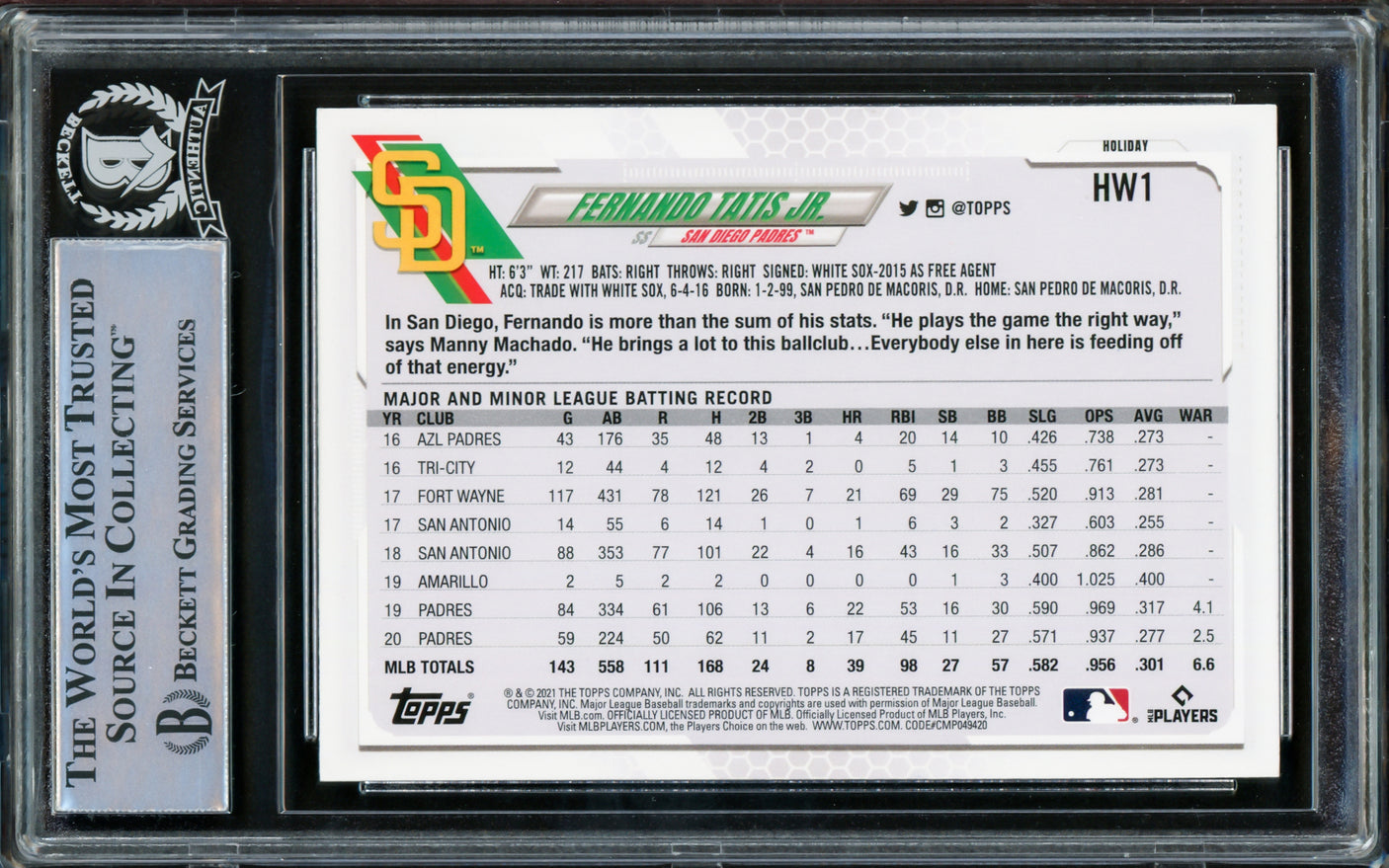 Fernando Tatis Jr. Autographed 2021 Topps Holiday Card #HW1 San Diego Padres Beckett BAS #15782264