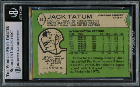 Jack Tatum Autographed 1978 Topps Card #28 Oakland Raiders Beckett BAS #15782583