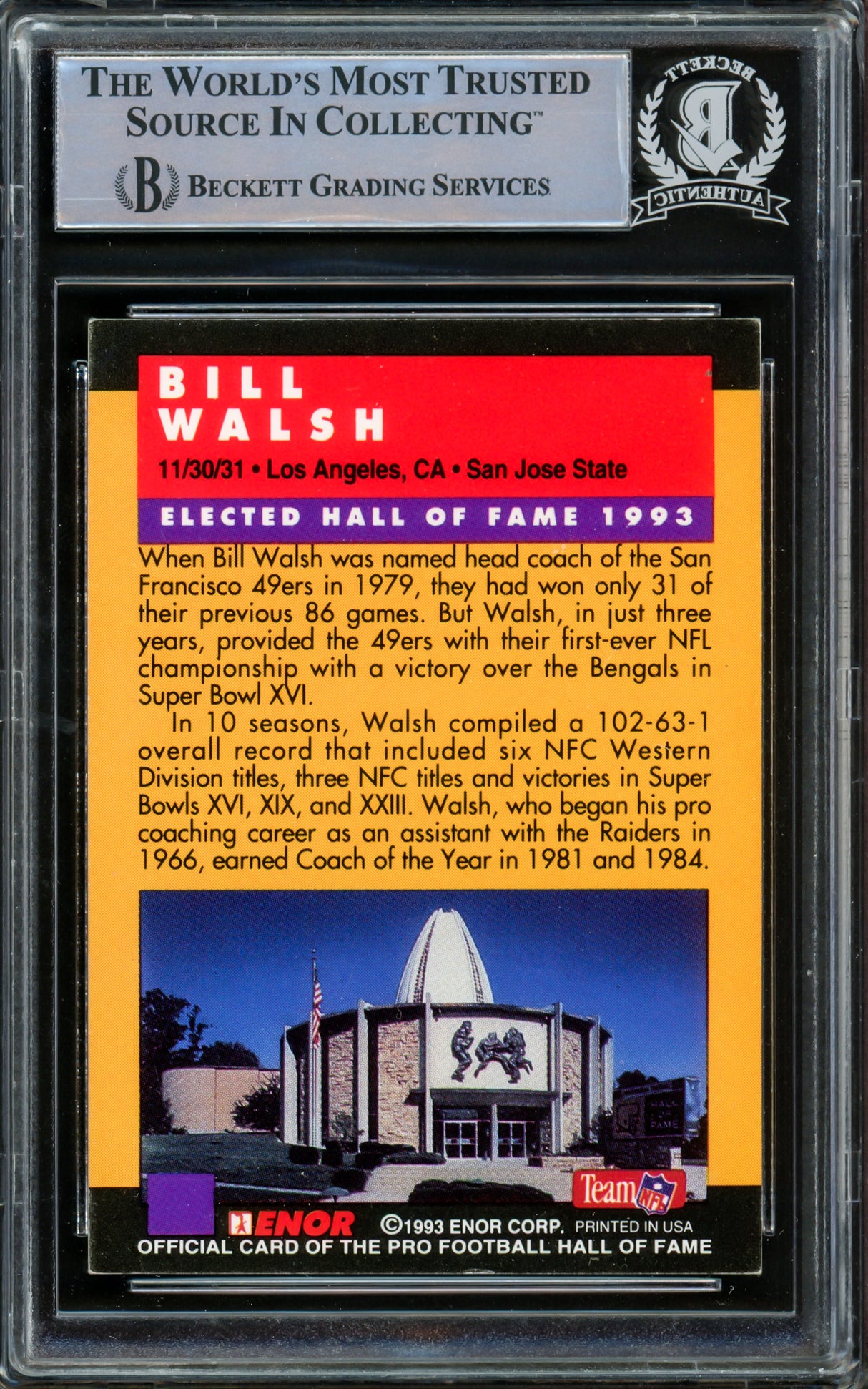 Bill Walsh Autographed 1993 Enor Football Hall of Fame Card San Francisco 49ers Beckett BAS #15782586