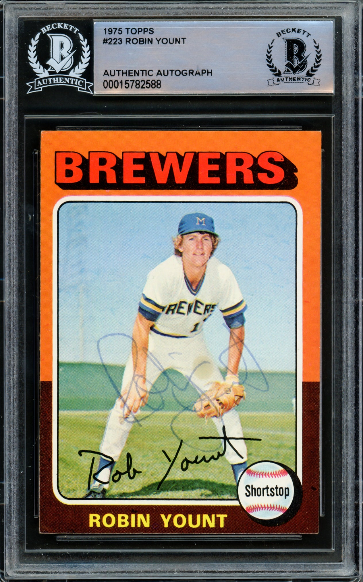 Robin Yount Autographed 1975 Topps Card #223 Milwaukee Brewers Vintage Signature Beckett BAS #15782588