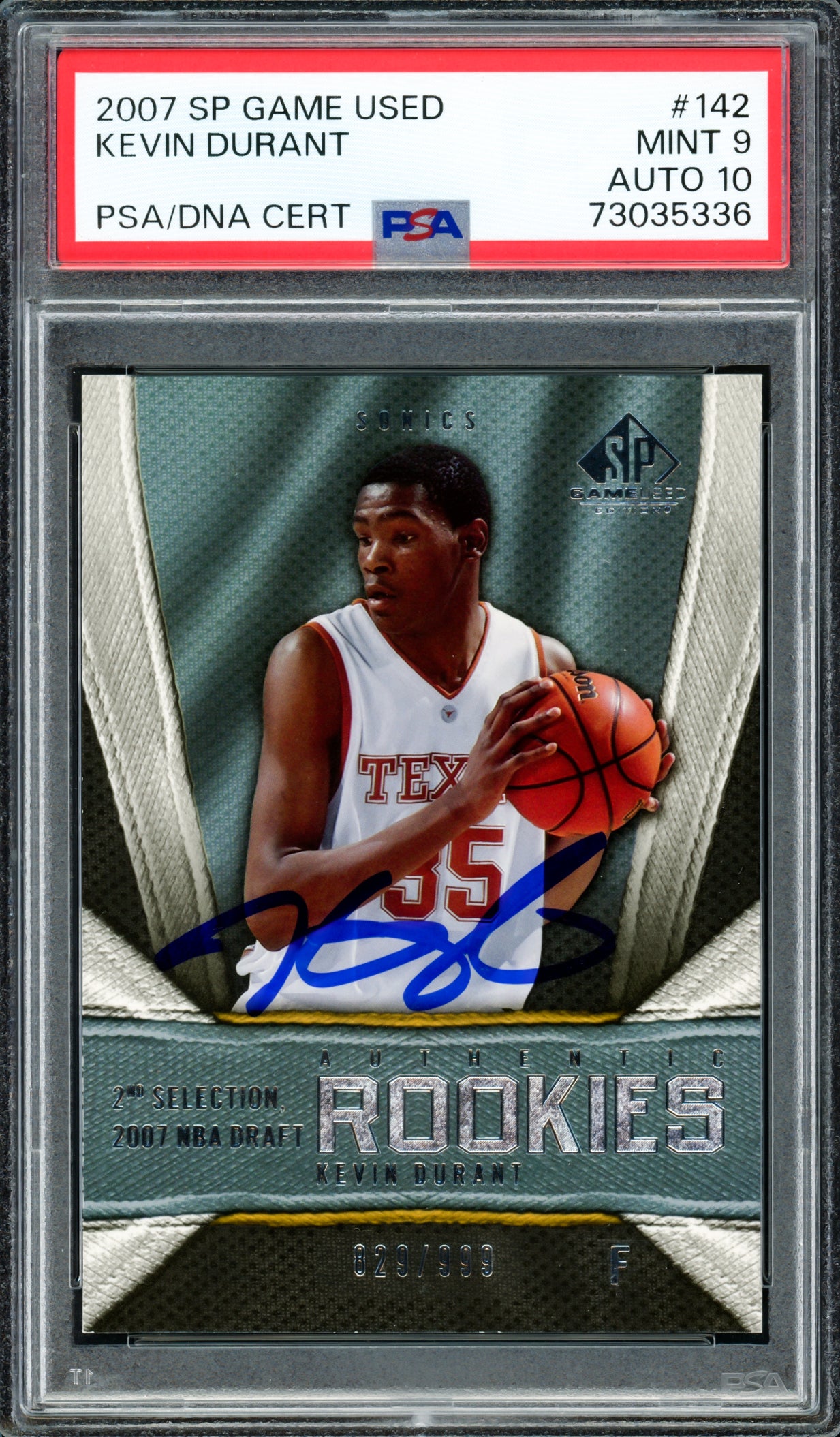 Kevin Durant Autographed 2007 SP Game Used Rookie Card #142 Seattle Supersonics PSA 9 Auto Grade Gem Mint 10 #829/999 PSA/DNA #73035336