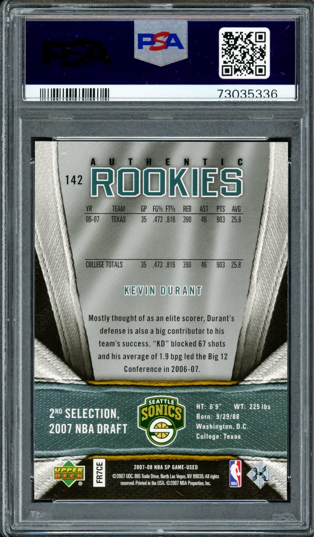 Kevin Durant Autographed 2007 SP Game Used Rookie Card #142 Seattle Supersonics PSA 9 Auto Grade Gem Mint 10 #829/999 PSA/DNA #73035336