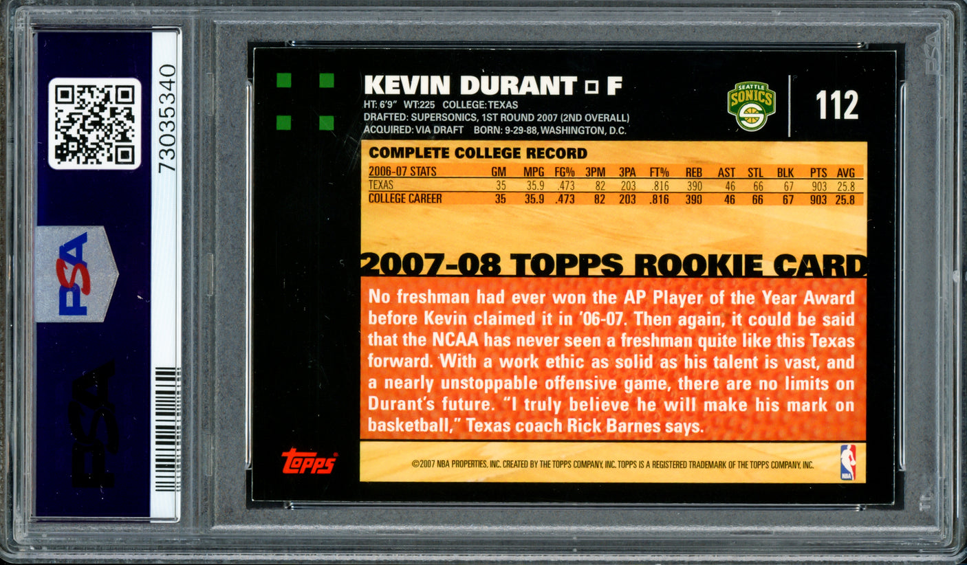 Kevin Durant Autographed 2007 Topps Rookie Card #112 Seattle Supersonics PSA 7 Auto Grade Gem Mint 10 PSA/DNA #73035340