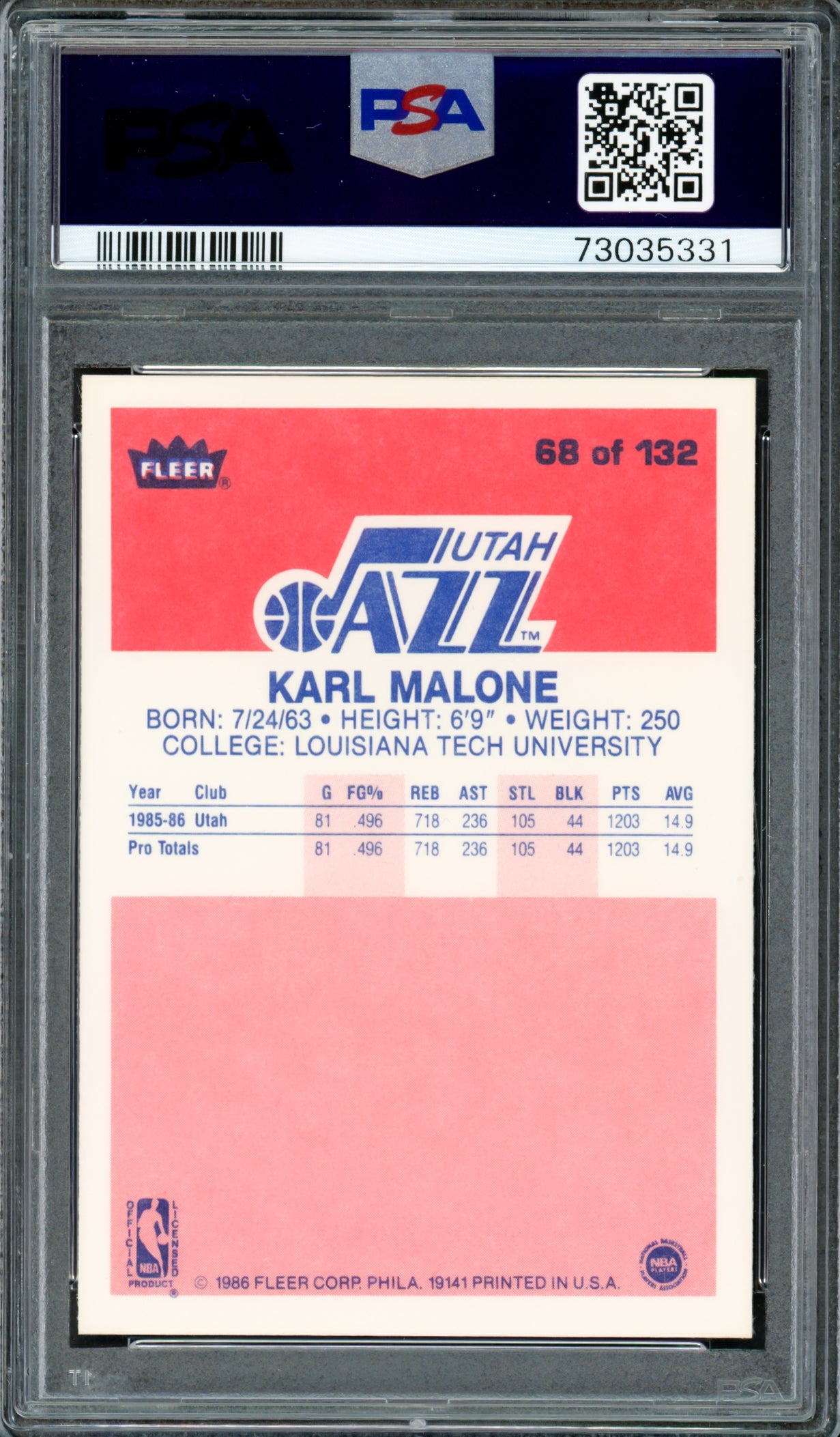 Karl Malone Autographed 1986 Fleer Rookie Card #68 Utah Jazz PSA 8 Auto Grade Gem Mint 10 PSA/DNA #73035331