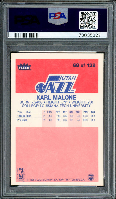 Karl Malone Autographed 1986 Fleer Rookie Card #68 Utah Jazz PSA 7 Auto Grade Gem Mint 10 PSA/DNA #73035327