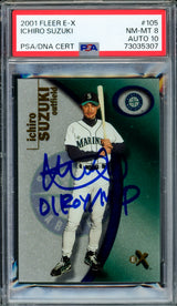 Ichiro Suzuki Autographed 2001 Fleer E-X Rookie Card #105 Seattle Mariners PSA 8 Auto Grade Gem Mint 10 "01 ROY/MVP" #1241/1999 PSA/DNA #73035307