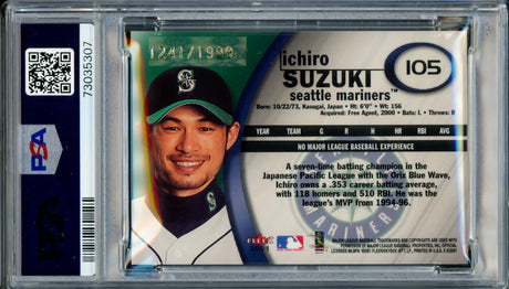 Ichiro Suzuki Autographed 2001 Fleer E-X Rookie Card #105 Seattle Mariners PSA 8 Auto Grade Gem Mint 10 "01 ROY/MVP" #1241/1999 PSA/DNA #73035307
